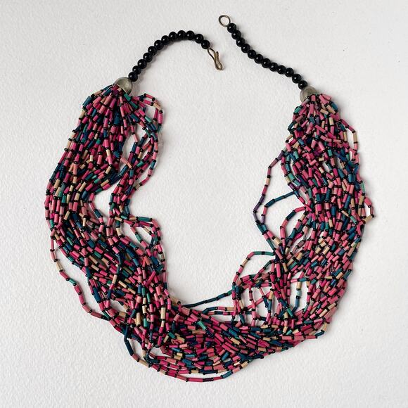 Hippy Boho Vintage Multi Strand Bamboo Bugle Bead Ethnic Statement Necklace Wood - Picture 2 of 4